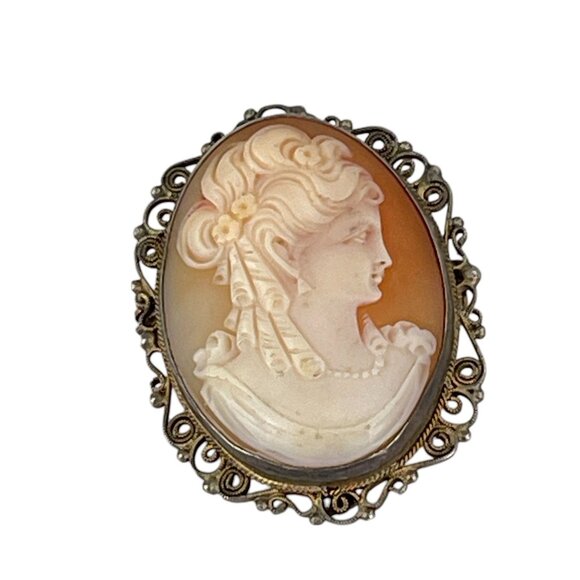 Antique European Cameo Brooch With Ornate Filigree Frame & 835 Silver Mark - Picture 3 of 9